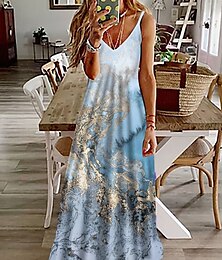 economico -Abito Maxi Donna Abito Casual Abito Estivo Abito Floreale Base Classico Casual Vacanza Quotidiano Vestibilità Regolare Stampa Marmo Senza Maniche V Collo Khaki Azzurro Chiaro Estate Primavera
