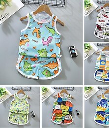 cheap -2 Pieces Toddler Boys Tank & Shorts Outfit Animal Cartoon Sleeveless Cotton Set Outdoor Fashion Daily Summer Spring 3-7 Years Blue dinosaur feather car