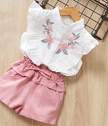 economico -2 Pezzi Bambino (1-4 anni) Ragazze Floreale Camicia e pantaloncini Impostato Manica Corta Attivo Casuale Cotone 3-7 Anni Estate Bianco