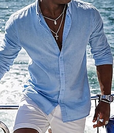 billige -Herre linned skjorte Skjorte Sommer skjorte Strandtrøje Hvid Blå Langærmet Vanlig Knaphul Forår sommer Hawaiiansk Ferie Tøj Basale