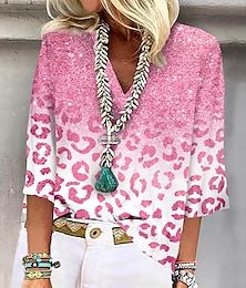 cheap -Women's Shirt Blouse Leopard Print Casual Basic Neon & Bright 3/4 Length Sleeve V Neck Pink