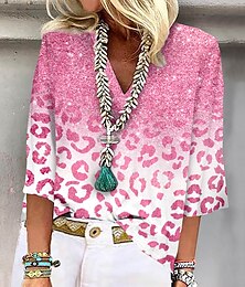 cheap -Women's Shirt Blouse Leopard Print Casual Basic Neon & Bright 3/4 Length Sleeve V Neck Pink