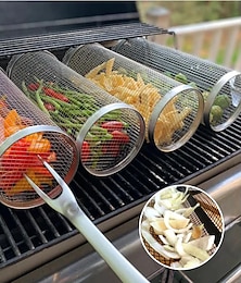 cheap -Rolling Grill Basket - SUS304 Stainless Steel Barbecue Cooking Grill Grate - Outdoor Round BBQ Campfire Grill Grid - Camping Picnic Cookware