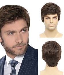 economico -parrucche da uomo parrucca marrone corta da uomo a strati costume di capelli naturali halloween parrucche sintetiche resistenti al calore per uomo maschio