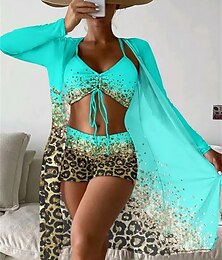 abordables -Femme Normal Maillots de Bain Bikinis Vêtement couvrant Maillot de bain 3 Pièces Imprimé Tenues de plage Eté Léopard manche longue Maillots de bain