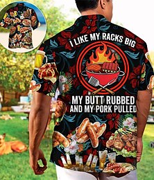 preiswerte -Herren Lebensmittel Buchstabe Grill Hemd Hawaiihemd Sommerhemd Aloha-Shirt Kurzarm Hemd Kubanisches Halsband Sport Modisch Strassenmode Outdoor Casual Hawaiianisch Rote Grün S M L