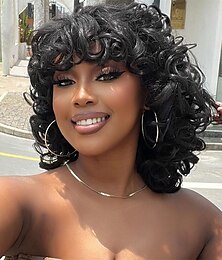economico -Short Curly Wigs for Black Women14 Soft Natural Black Synthetic Wigs for Black Women Cute Fashion Curly Wig with BangsAfro Kinky Curls Heat Resistant for African American Women Daily Use Party