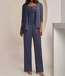 economico -Tuta  Completo 3 Pezzi per la Madre della Sposa Ospite di Matrimonio Formale Elegante Vintage Scollo a Barca Lunghezza Caviglia Chiffon Pizzo Senza Maniche Manica 3/4 con Applicazioni 2025 misura