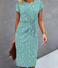 cheap -Women's Work Dress Sheath Dress Semi Formal Dress Fashion Midi Dress Ruched Print Crew Neck Short Sleeve Polka Dot Stripe Loose Fit Green Summer Spring S M L XL XXL