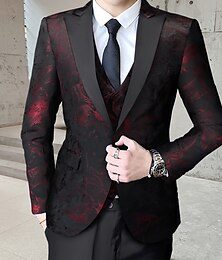 economico -Tuxedo da matrimonio da uomo Nero Rosso Stampa Vestibilità Standard 3 Pezzi Doppiopetto A Un Pulsante