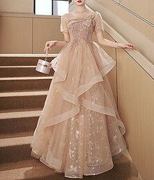 abordables -Robe de soirée trapèze élégante robe de mariée invitée bal de promo longueur au sol manches courtes col carré tulle avec nœud(s) robe de mascarade à paillettes robe pour impressionner 2025