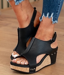 baratos -Sandálias femininas sandálias de cunha diariamente cor sólida verão peep toe vintage casual couro falso fita mágica marrom escuro preto cinza claro