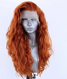 abordables -longue perruque synthétique sans colle avant de lacet orange longue partie latérale ondulée perruques de dentelle perruque de cheveux synthétiques pour les femmes perruque