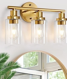 abordables -iluminación de baño luz de tocador 3 luces aplique de pared iluminación latón cepillado luz de baño con pantalla de vidrio transparente aplique de pared de baño luz de pared para espejo de cocina