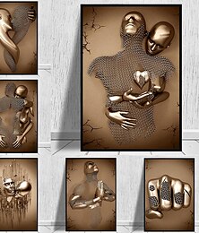 baratos -Abstract People Wall Art Canvas Love Couples Prints Painting Artwork Picture Kissing Hug Love Bronze Glitter Home Decoration Décor Rolled Canvas No Frame Unframed Unstretched