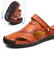 abordables -Homme Sandales Sandales en cuir Grandes Tailles Chaussures faites à la main Chaussures de confort Marche Décontractées Plage Cuir Respirable Mocassins Boucle Brun foncé Noir Marron Eté Printemps