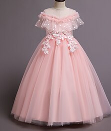 billiga -Barn Flickor Flower Girl Klänning Klänning Festklänning Ensfärgat Kortärmad Formell Prestanda Bröllop Spets Nät Mode Förtjusande Prinsessa Bomull Polyester Maxi Spetsklänning Festklänning