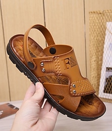 billige -Herre Sandaler Loafers i lær Skinnsandaler Håndsøm Fritid utendørs PU Pustende Tøfler Rødbrun820+6 Gul820+6 Sommer Vår