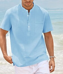 ieftine -Bărbați Cămașă cămașă de in Cămașă de vară Cămașă de plajă Negru Alb Roz Îmbujorat Manșon scurt Simplu Henley Vară Casual Zilnic Îmbrăcăminte Buzunar
