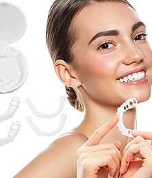 זול -1 חבילה סיליקון הלבנת שיניים כיסוי שיניים פלטה סימולציה תותבת שיניים עליונות שיניים תחתונות משובצות עם קופסה חיוך מושלם