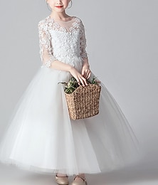 cheap -Flower Girl's Dress  Solid Color 3/4 Length Sleeve Performance Wedding Homecoming Dress Lace Mesh First Communion Dress For Girls Fashion Adorable Princess Maxi  Lace Swing Dress Summer Spring
