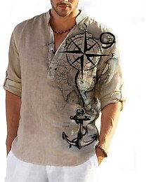 preiswerte -Herren Nautisch Anker Vintage Hemd Knopfhemd Langarm Vintage Modisch Strassenmode Täglich Ausgehen Sommer Frühling Herbst Ständer Bedruckt Braun Grün Khaki Grau