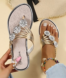 cheap -Women's Slippers Flip-Flops Outdoor Slippers Beach Slippers Outdoor Beach Summer Rhinestone Flat Heel Elegant Casual Faux Leather Loafer Solid Color Silver Black Gold