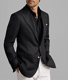 economico -Blazer in lino moda casual per uomo adattamento regolare estivi a tinta unita monopetto a due bottoni nero