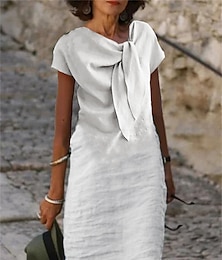 preiswerte -Damen Weißes Kleid Casual kleid Baumwoll-Kleid Midikleid mit Schnürung Verknotet Basic Täglich Urlaub V Ausschnitt Kurzarm Sommer Frühling Schwarz Weiß Glatt