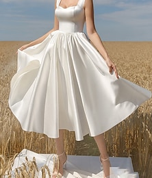 economico -Abiti da Cocktail A-Line Elegante Abito Ospite Matrimonio Laurea Lunghezza Té Maniche Corte Collo a Riva Italia Seta con Lucentezza