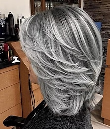 baratos -peruca cinza prateada ombre em camadas com franja de cortina para mulheres peruca sintética curta cinza claro peruca cinza ondulada em camadas destaque peruca bob cinza encaracolada para mulheres