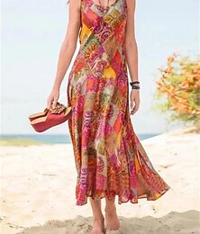 preiswerte -Damen Maxikleid Freizeitkleid Trägerkleid Sommerkleid Boho-Kleid Bohemien Streetwear Lässig Outdoor Urlaub Ausgehen Lässiger Schnitt Blumen Ärmellos V Ausschnitt Rote Blau Purpur Grün Sommer Frühling