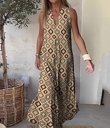 voordelige -Dames Lange jurk maxi-jurk Casual jurk Tank-jurk Zomerjurk Geometrisch Basic Modern Buiten Dagelijks Feestdagen Splitsen Afdrukken Mouwloos V-hals Jurk Ruim Passend Lichtgeel Zomer Lente S M L XL XXL