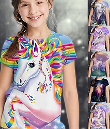 お買い得  -女の子 3D グラフィック 動物 虹色 Tシャツ Ｔシャツ 半袖 3Dプリント 夏 活発的 かわいいスタイル 子供 2〜13歳 学校