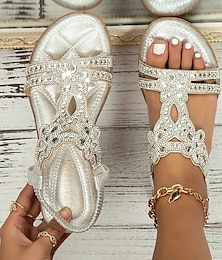 baratos -Mulheres Sandálias Sapatos Bling Bling Sandálias rasas Sapatos Brilhantes Ao ar livre Praia Verão Pedrarias Sem Salto Elegante Casual Minimalismo Microfibra Banda Elástica Prata Preto Branco