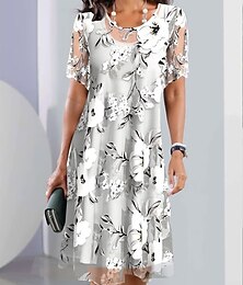 olcso -Női Sifon Sifon ruhák Virágos Háló Nyomtatott Terített nyak Midi ruha Napi Vakáció Rövid ujjú Nyár Tavasz