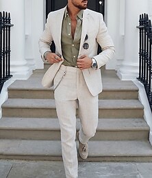abordables -Trajes de lino para bodas de hombres marfil champán ligeros casuales verano de color sólido ajustados de 2 piezas de un solo botón