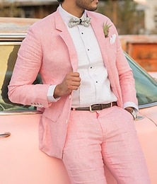 cheap -Pink Men's Linen Suits Beach Wedding 2 Piece Solid Colored Tailored Fit Single Breasted Two-buttons 2024