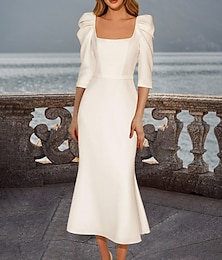 levne -recepce vintage 40. / 50. léta jednoduché svatební šaty svatební šaty A-line výstřih do V 3/4 rukáv saténové svatební šaty v jednobarevné délce čaje 2024