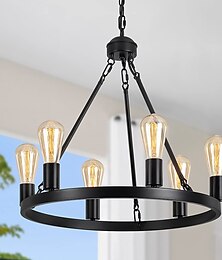 preiswerte -Black Matte Chandelier 6-Light Wagon Wheel Chandelier 21" Farmhouse Pendant Chandeliers Fixture Contemporary Industrial Chandelier for Living Dining Room Kitchen Island Entryway Foyer Bar 110-240V