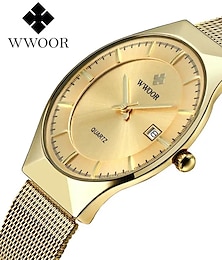 cheap -WWOOR Business Men Luxury Watches Mesh Strap Ultra Thin Quartz Men Wrsit Watch Waterproof Auto Date Male Clock