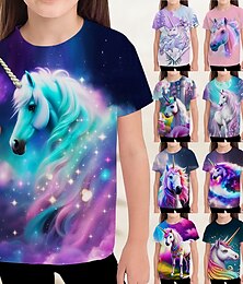 billiga -Barn Flickor T-shirt Grafisk Utomhus 3D-tryck Kortärmad Crewneck Aktiv 7-13 år Sommar Flerfärgad Rodnande Rosa Rubinrött