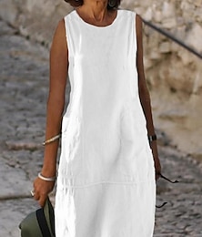 economico -Per donna Blu chiaro Nero Bianco Estate Primavera Abito Midi Abito Bianco Abiti in cotone e lino Vestito Estivo Classico Casual Vacanza Quotidiano Vestibilità comoda Semplice Collo a U