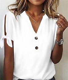 preiswerte -Damen T Shirt Hauptstadt Glatt Casual Täglich Taste Ausgeschnitten Weiß Kurzarm Modisch Basic V Ausschnitt Sommer Frühling