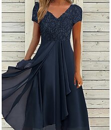 cheap -Women's Elegant A-Line Midi Dress V-Neck Lace Short Sleeve Chiffon Flowy Navy Blue Evening Party Wedding Summer