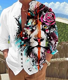 economico -Per uomo Animali Leone Camicia Camicia con bottoni Manica lunga Di tendenza Originale Informale Da mare Giornaliero Per uscire Autunno Primavera estate Colletto alla coreana Stampa Nero Giallo Rosa