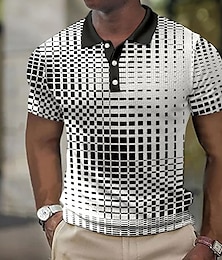 cheap -Men's Polo Shirt Waffle Polo Shirt Lapel Polo Button Up Polos Golf Shirt Plaid / Check Graphic Prints Geometry Turndown Blue-Green White Yellow Pink Blue Outdoor Street Short Sleeve Print Clothing