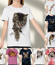 cheap -Kids Girls' 3D Cat T shirt Tee Short Sleeve Cat Graphic Animal Rainbow Children Tops Active Cute 3-12 Years