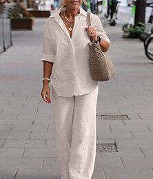 economico -Per donna Semplice Casual Comfort Camicia Set di biancheria in cotone Set da due pezzi Manica Lunga Pantalone Lungo Bavero Colore Puro Bottoni Casa Streetwear Quotidiano Nero Rosa Blu Estate