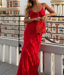 preiswerte -Damen schwarzes kleid Ballkleid abendkleider kleid lang Schwarz Rote Ärmellos Einfarbig Rüsche Sommer Frühling Spaghetti-Träger Modisch kleid hochzeitsgast Abendgesellschaft Urlaub Schlank 2023 S M L